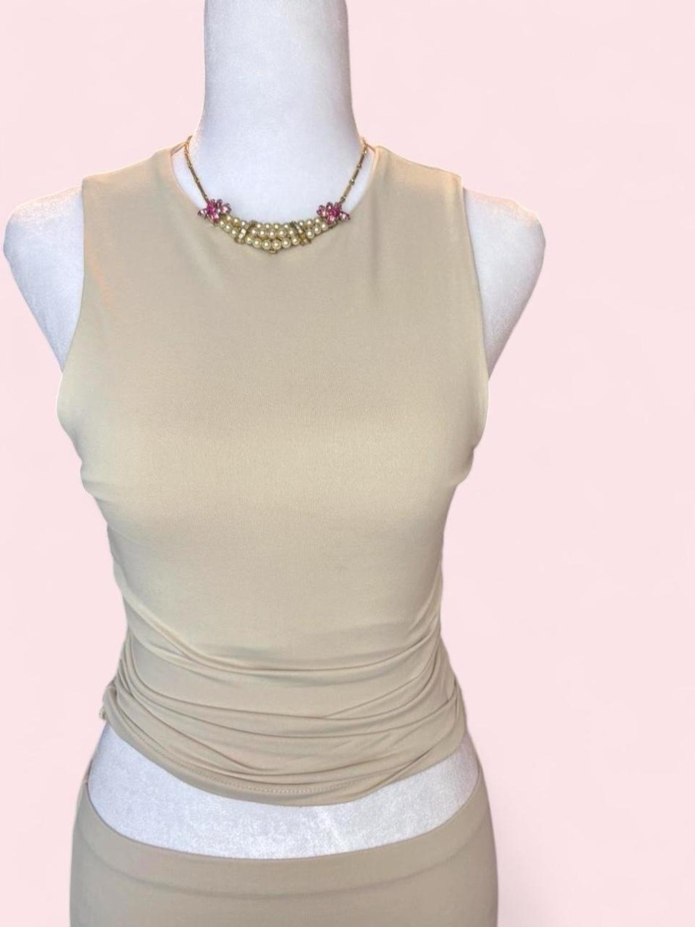 Sleeveless Beige Ruched Tank Top with Matching Pencil Skirt